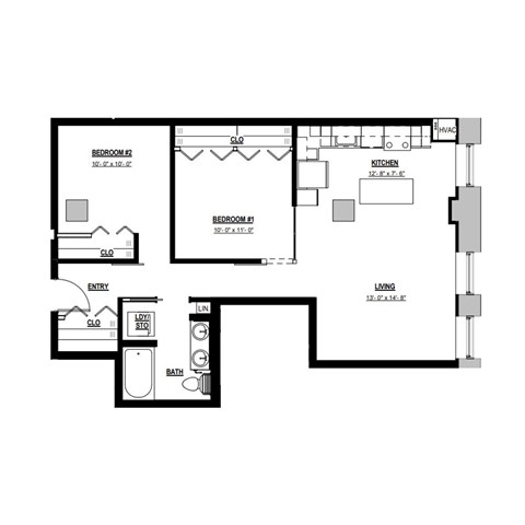 Floor plan for 2 beds, 1 bath, 895 sqft