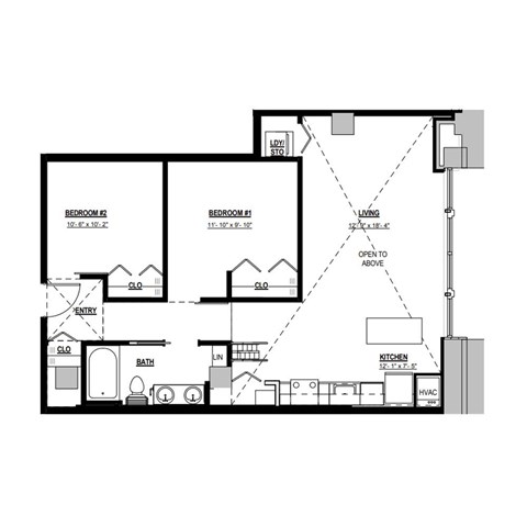 Floor plan for 2 beds, 1 bath, 1005 sqft