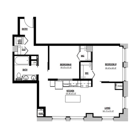 Floor plan for 2 beds, 1 bath, 930 sqft