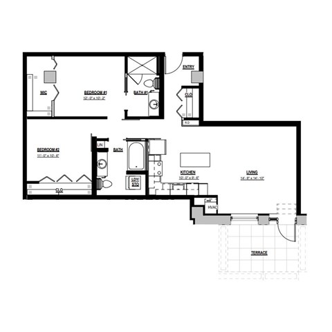 Floor plan for 2 beds, 2 baths, 1030 sqft