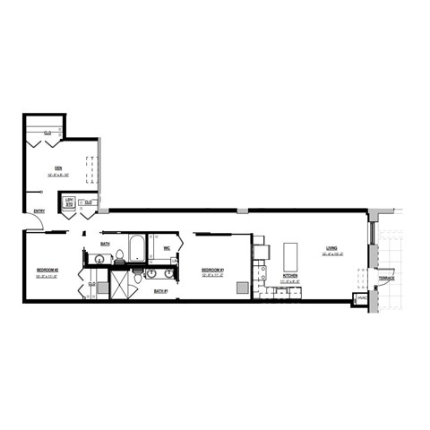 Floor plan for 2 beds, 2 baths, 1030 sqft