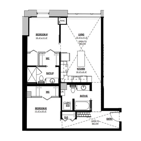 Floor plan for 2 beds, 2 baths, 1040 sqft