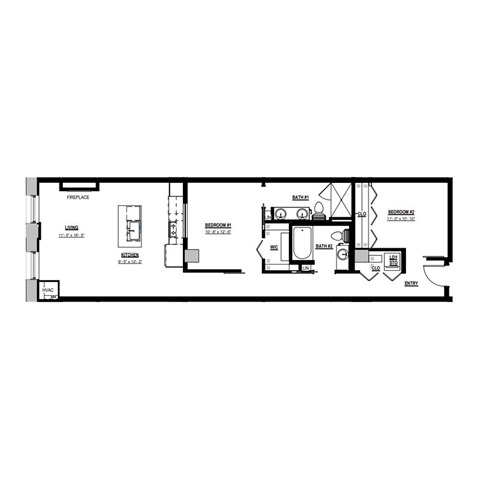 Floor plan for 2 beds, 2 baths, 1050 sqft