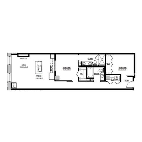 Floor plan for 2 beds, 2 baths, 1050 sqft