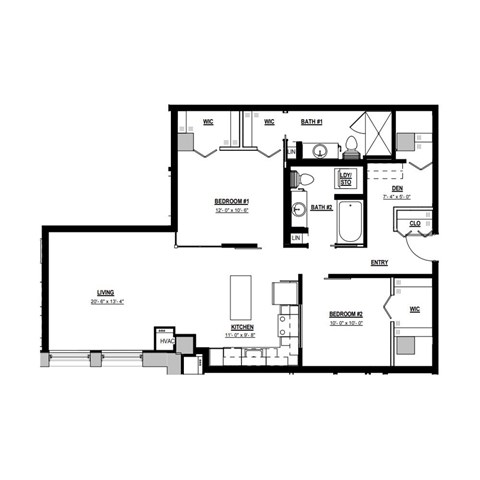 Floor plan for 2 beds, 2 baths, 1110 sqft