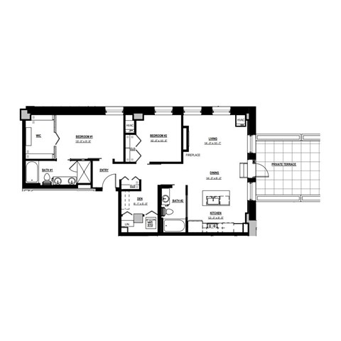 Floor plan for 2 beds, 2 baths, 1245 sqft