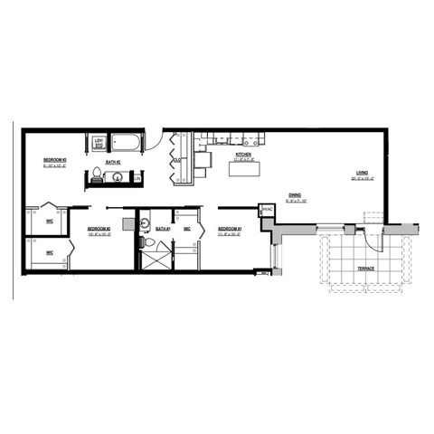Floor plan for 3 beds, 2 baths, 1340 sqft