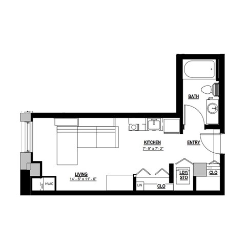 Floor plan for studio, 1 bath, 415 sqft