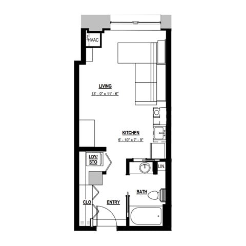 Floor plan for studio, 1 bath, 455 sqft