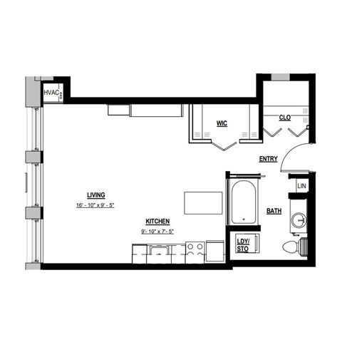 Floor plan for studio, 1 bath, 560 sqft