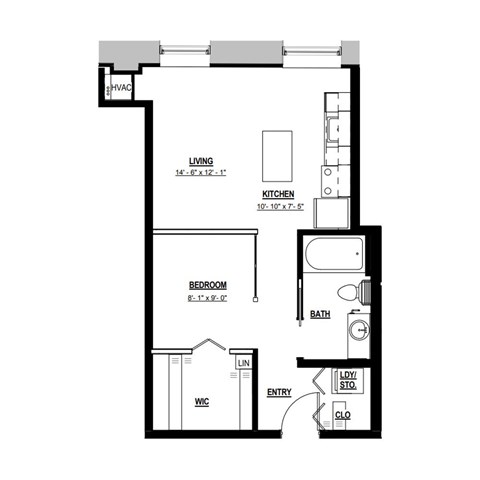 Floor plan for 1 bed, 1 bath, 530 sqft