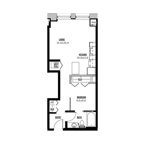 Floor plan for 1 bed, 1 bath, 580 sqft