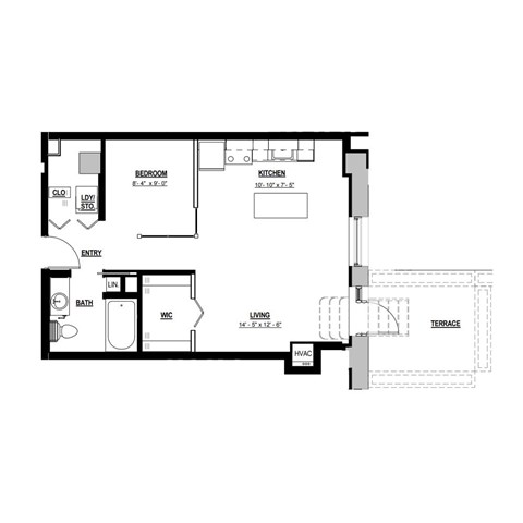 Floor plan for 1 bed, 1 bath, 625 sqft