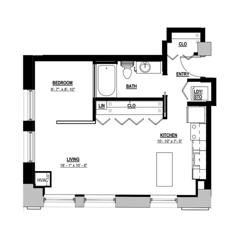 Floor plan for 1 bed, 1 bath, 630 sqft
