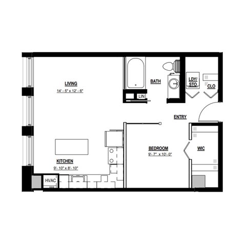Floor plan for 1 bed, 1 bath, 635 sqft