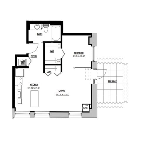 Floor plan for 1 bed, 1 bath, 665 sqft
