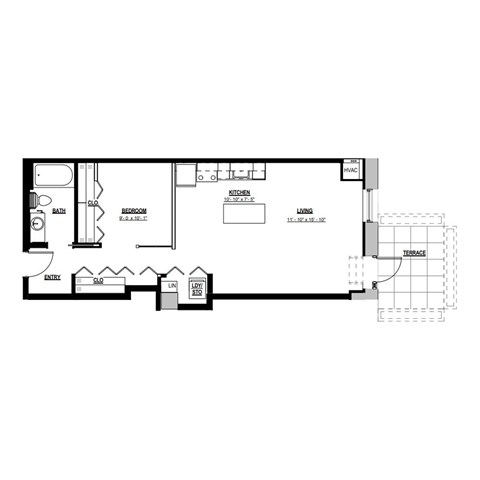 Floor plan for 1 bed, 1 bath, 715 sqft