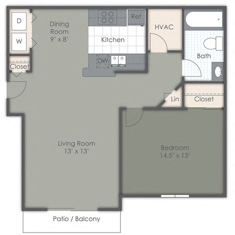Floor plan for 1 bed, 1 bath, 678 sqft