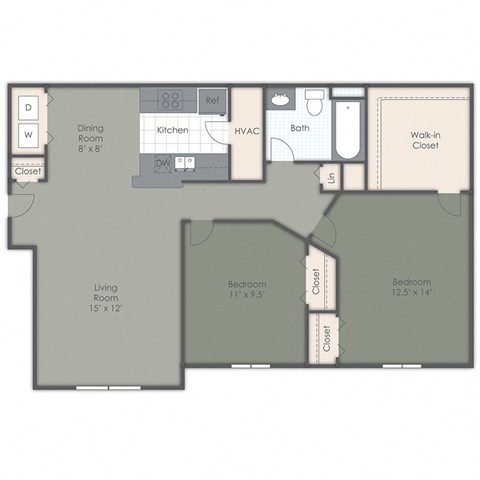 Floor plan for 2 beds, 1 bath, 933 sqft