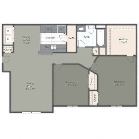 Floor plan for 2 beds, 1 bath, 933 sqft