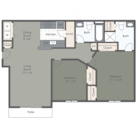 Floor plan for 2 beds, 2 baths, 933 sqft