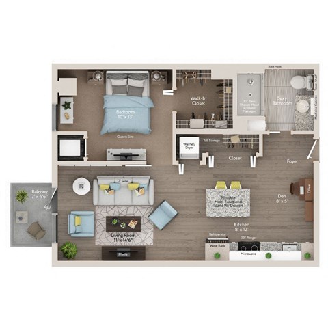 Floor plan for 1 bed, 1 bath, 662 sqft