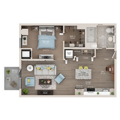 Floor plan for 1 bed, 1 bath, 675 sqft