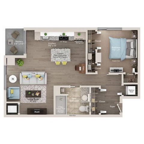 Floor plan for 1 bed, 1 bath, 725 sqft