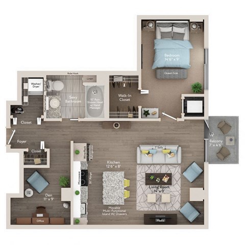 Floor plan for 1 bed, 1 bath