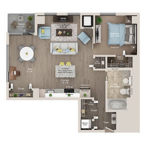 Floor plan for 1 bed, 1 bath, 775 sqft