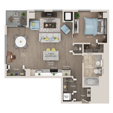 Floor plan for 1 bed, 1 bath, 775 sqft