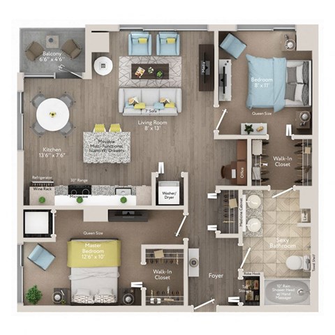 Floor plan for 2 beds, 1 bath, 925 sqft