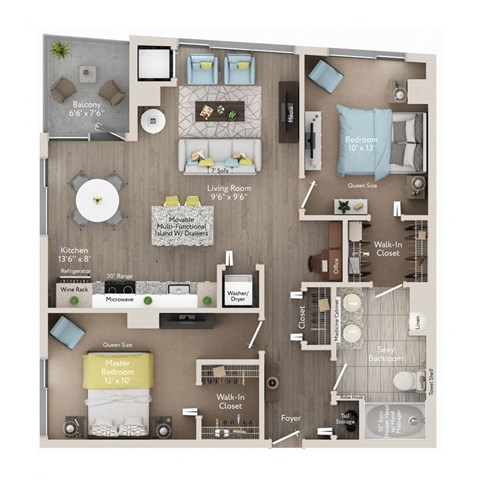 Floor plan for 2 beds, 1 bath, 975 sqft