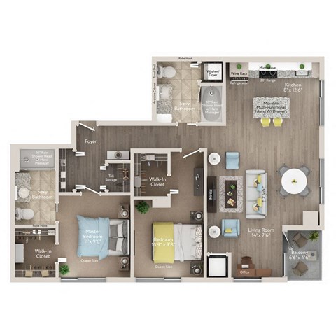 Floor plan for 2 beds, 2 baths, 1100 sqft