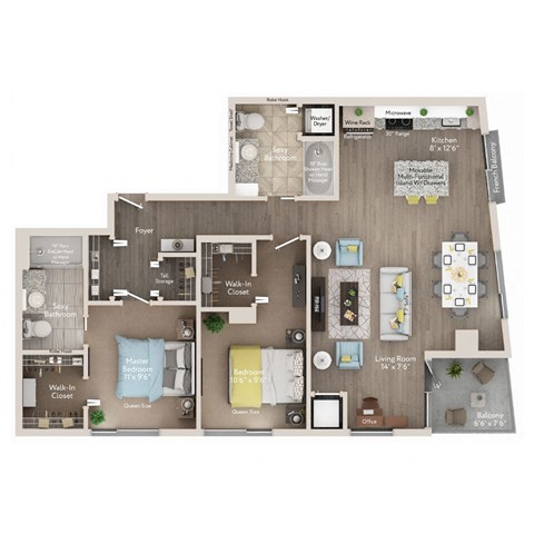 Floor plan for 2 beds, 2 baths, 1125 sqft