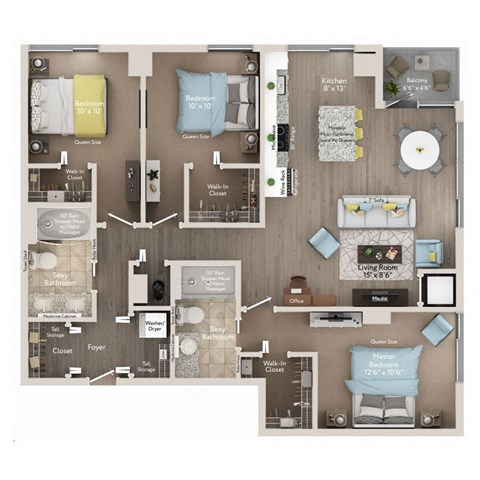 Floor plan for 3 beds, 2 baths, 1225 sqft