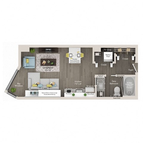 Floor plan for studio, 1 bath