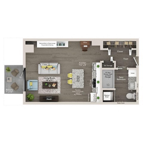 Floor plan for studio, 1 bath, 500 sqft