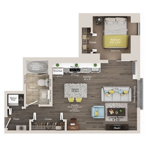 Floor plan for 1 bed, 1 bath, 550 sqft