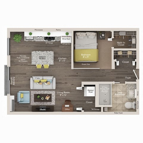 Floor plan for 1 bed, 1 bath, 575 sqft