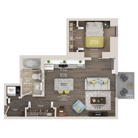 Floor plan for 1 bed, 1 bath, 575 sqft