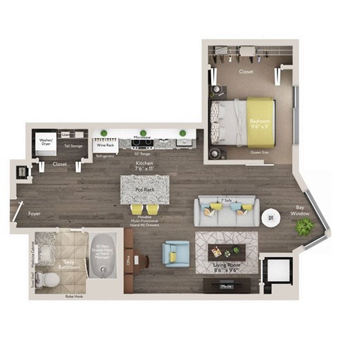 Floor plan for 1 bed, 1 bath, 600 sqft
