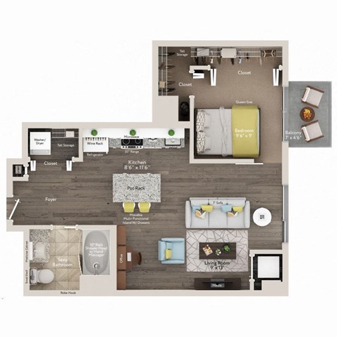 Floor plan for 1 bed, 1 bath, 625 sqft