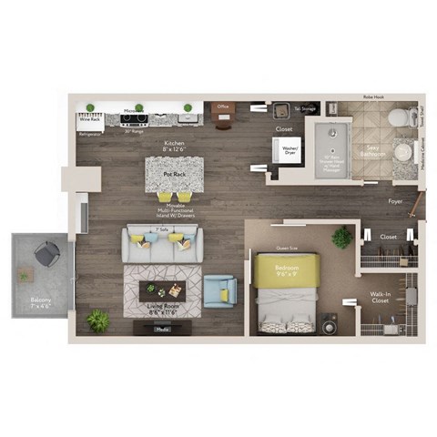 Floor plan for 1 bed, 1 bath, 625 sqft