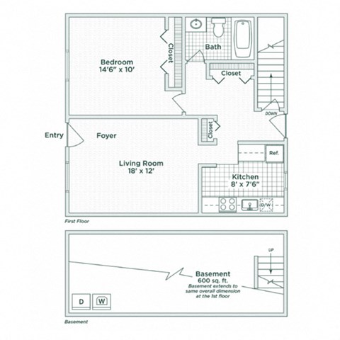 Floor plan for 1 bed, 1 bath, 600 sqft