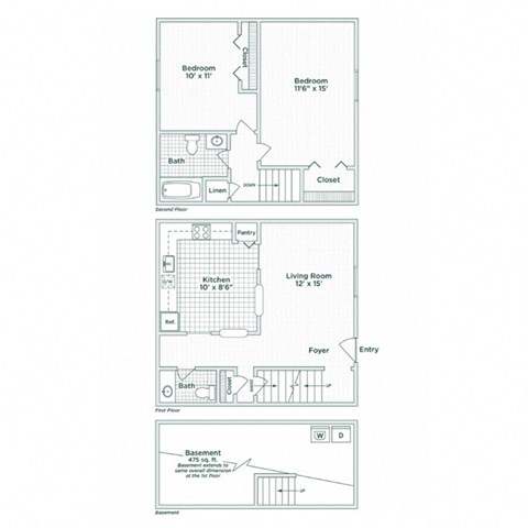 Floor plan for 2 beds, 1.5 baths, 950 sqft
