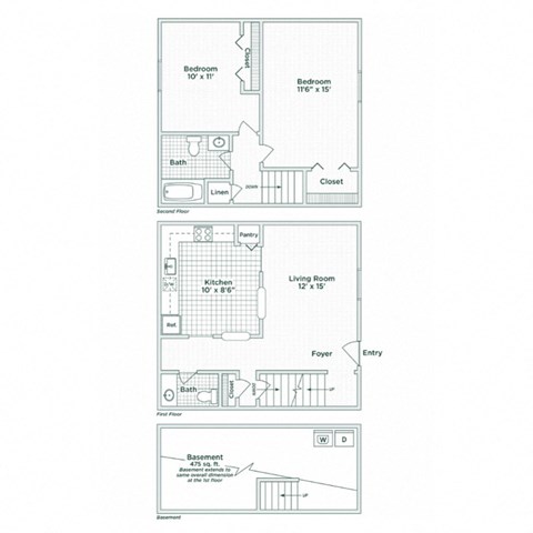 Floor plan for 2 beds, 1.5 baths, 950 sqft