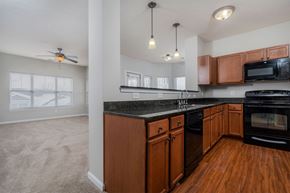 Plainfield apartment for rent - A kitchen with wooden cabinets and black countertops.