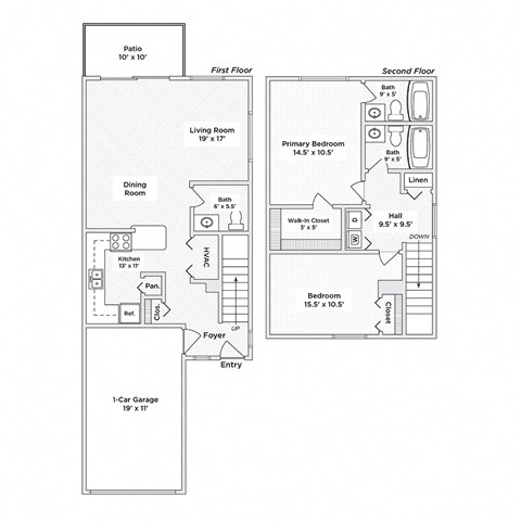 Floor plan for 2 beds, 2.5 baths, 1255 sqft