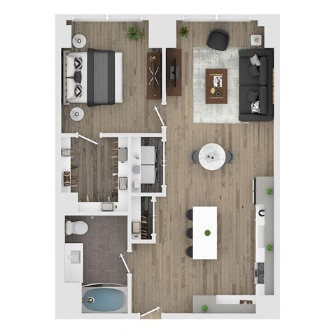 Floor plan for 1 bed, 1 bath, 738 sqft
